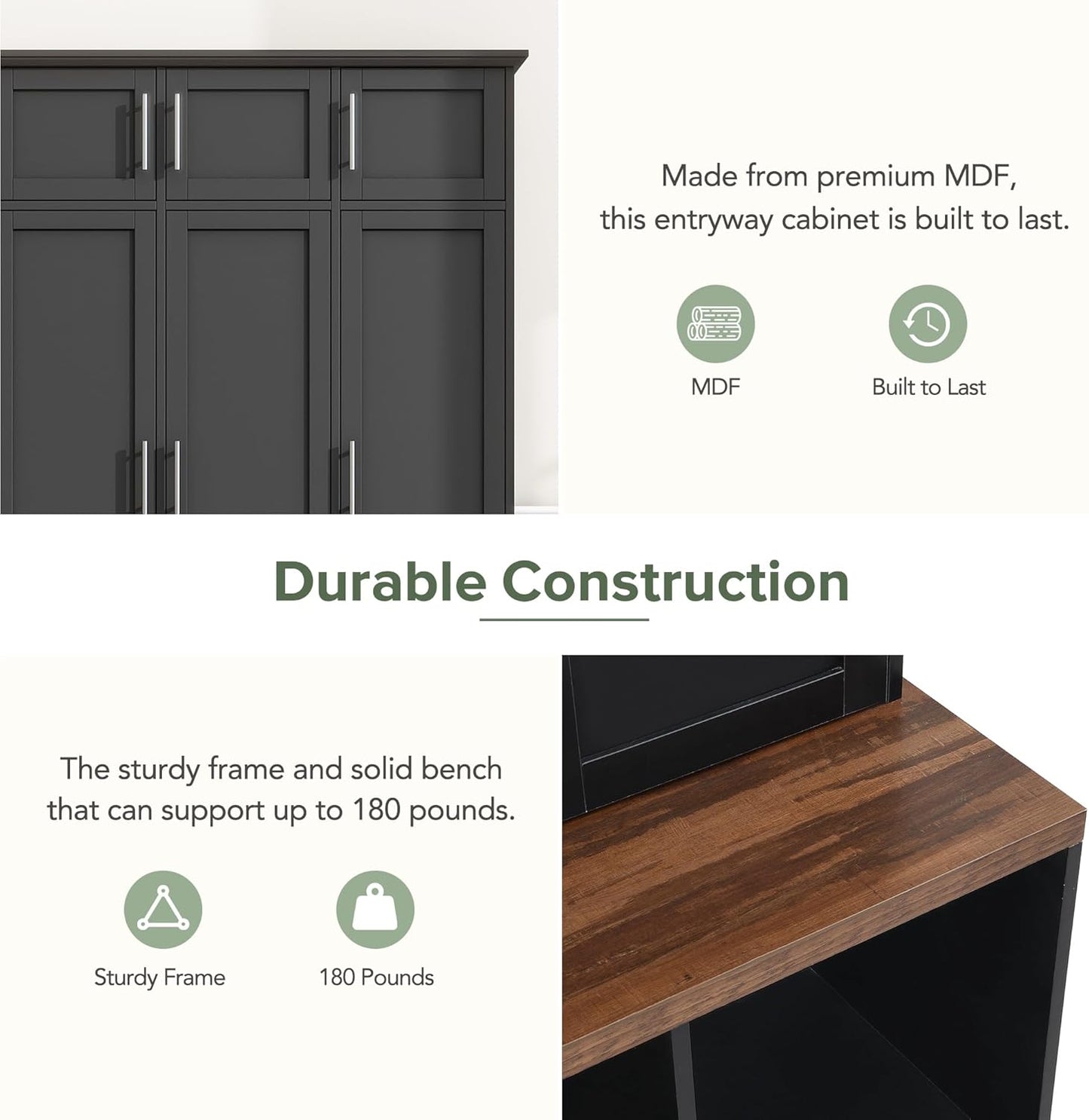 Hall Tree with Bench and Shoe Storage Compartments, Particle Board Multi-Functional Entryway Cabinet with 4 Hanging Hooks, Black
