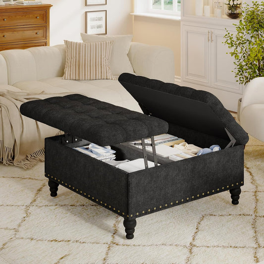 Versatile Lift-Top Ottoman, Multi-Function Storage Bench & Coffee Table with Chenille Upholstery, Easy Assembly, Black