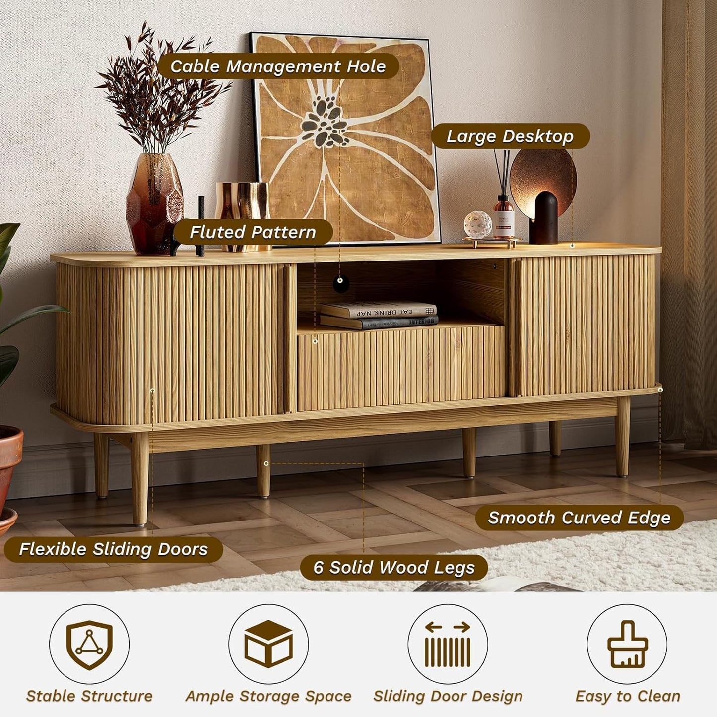 Living Room Table Sets of 2, Fluted Coffee Table & Dresser TV Stand, Coffee Table with Storage, Sliding Doors TV Stand for Living Room (Natural)