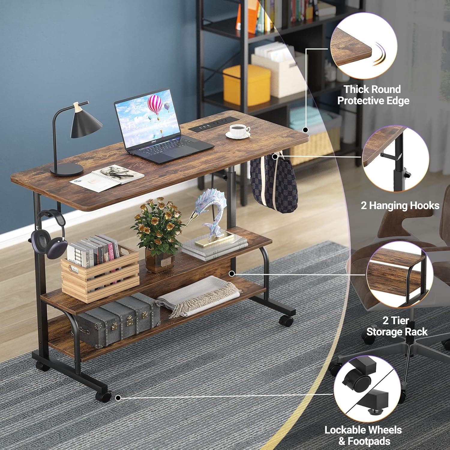 Height Adjustable Standing Desk with Power Outlets, 39" Manual Stand up Desk with Storage Shelves Small Mobile Rolling Computer Desk Portable Laptop Table with Wheels for Home Office, Rustic