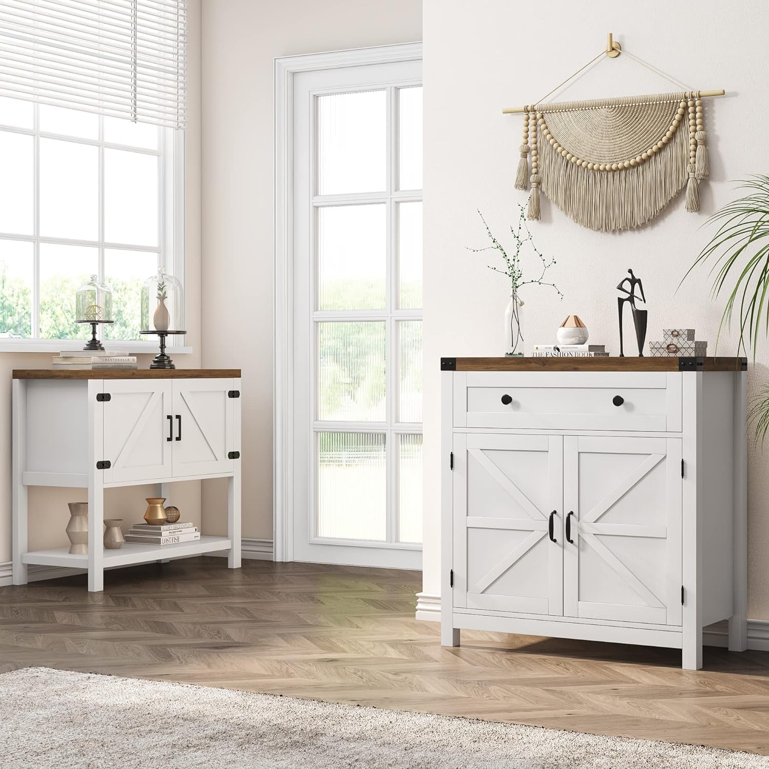 Coffee Bar Cabinet, Kitchen Storage Cabinet, Modern Farmhouse Buffet Sideboard with Drawer and Adjustable Shelf, Barn Door Accent Cabinets for Kitchen, Dining Room, Entryway, White