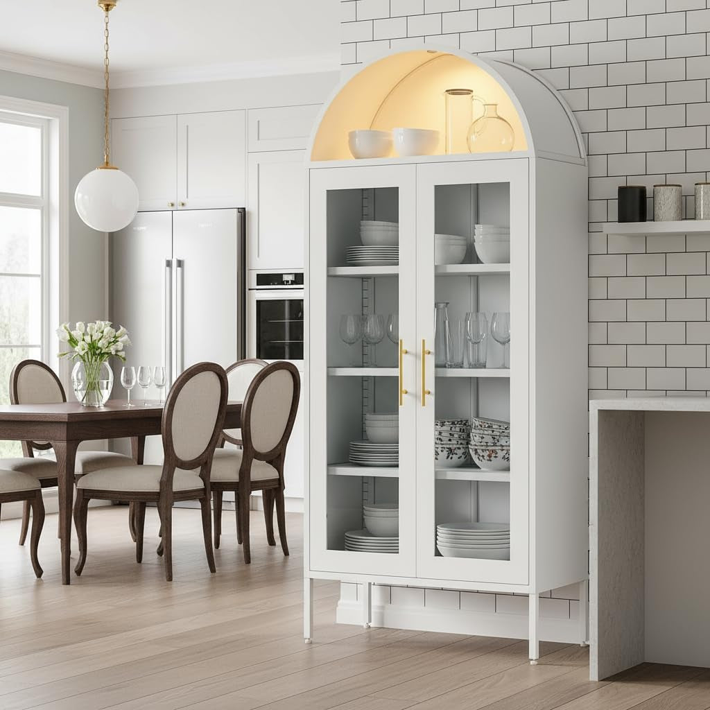 71" Arched Glass Display Cabinet, Tall Metal Storage Cabinet with Adjustable Shelves and Glass Doors, White