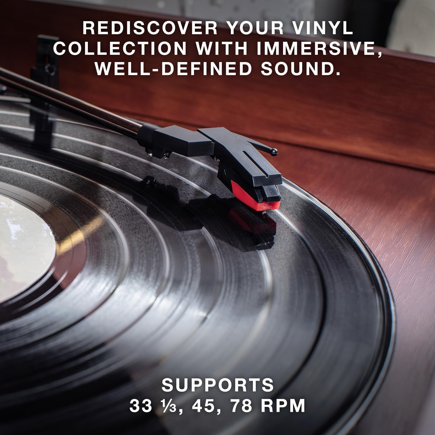 the Quincy 6-In-1 Bluetooth Record Player & Multimedia Center with Built-In Speakers – 3-Speed Turntable, CD & Cassette Player, AM/FM Radio, Wireless Music Streaming (Mahogony)