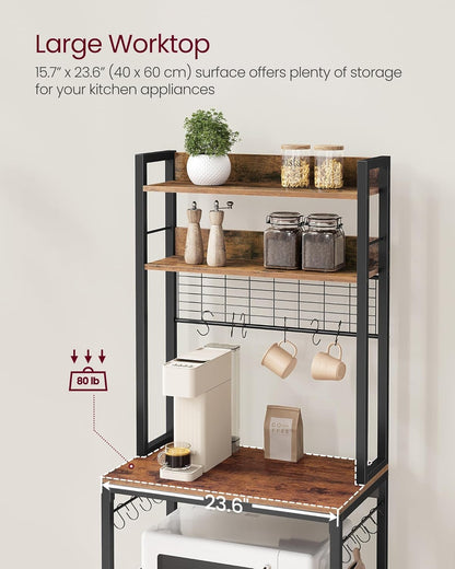 Bakers Rack with Power Outlet, Microwave Stand, Kitchen Tall Utility Storage Shelf, with Metal Wire Panel, 14 Hooks, 15.7 X 23.6 X 66.9 Inches, Rustic Brown and Ink Black UKKS037B01