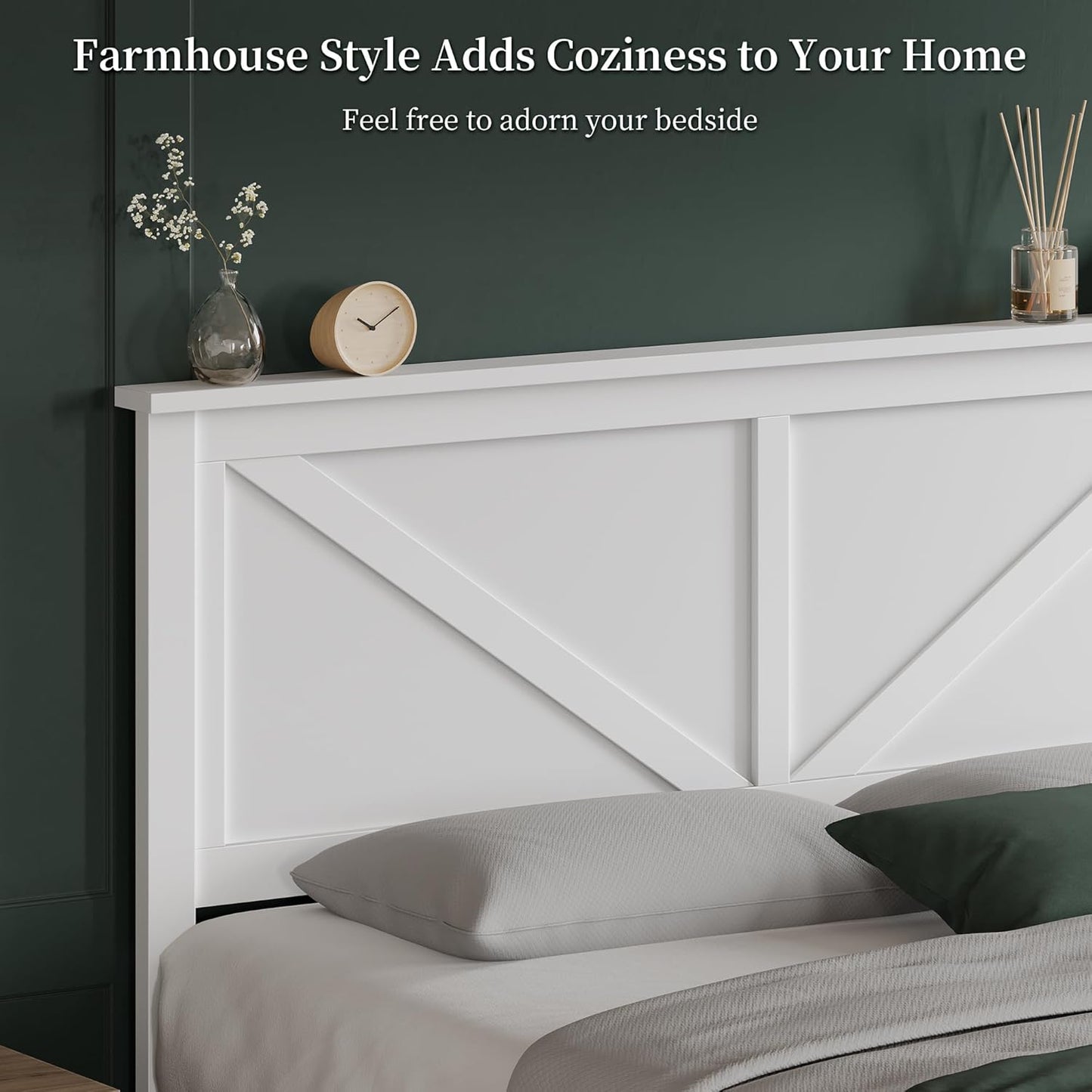 Wood Bed, Rubber Wood Platform Bed Frame with Headboard/Wood Slats, Farmhouse Style, No Box Spring Needed, Mattress Foundation, Noise-Free, Easy Assembly, Queen Size, White