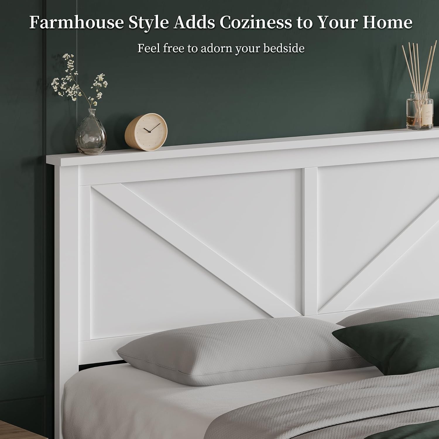 Wood Bed, Rubber Wood Platform Bed Frame with Headboard/Wood Slats, Farmhouse Style, No Box Spring Needed, Mattress Foundation, Noise-Free, Easy Assembly, Queen Size, White