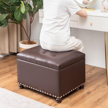 Faux Leather Storage Ottoman Bench Rectangle 24 Inch Foot Rest Ottomans (Brown)