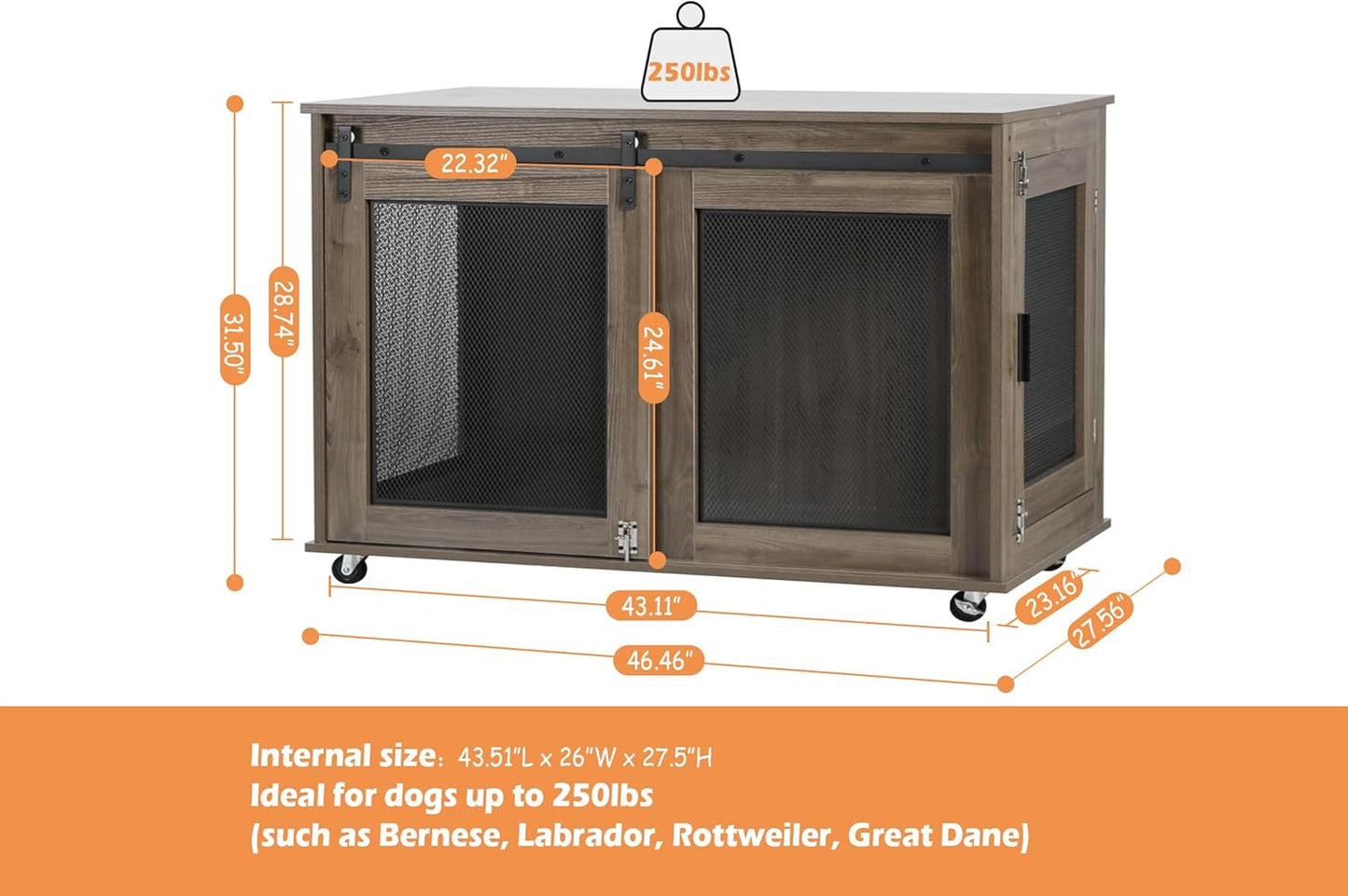 47 Inch XL Dog Crate Furniture, Wooden Heavy Duty Dog Kennel Indoor, Decorative Dog Cage Table for Extra Large Dogs, with Sliding Doors, Wheels and Flip-Top Plate