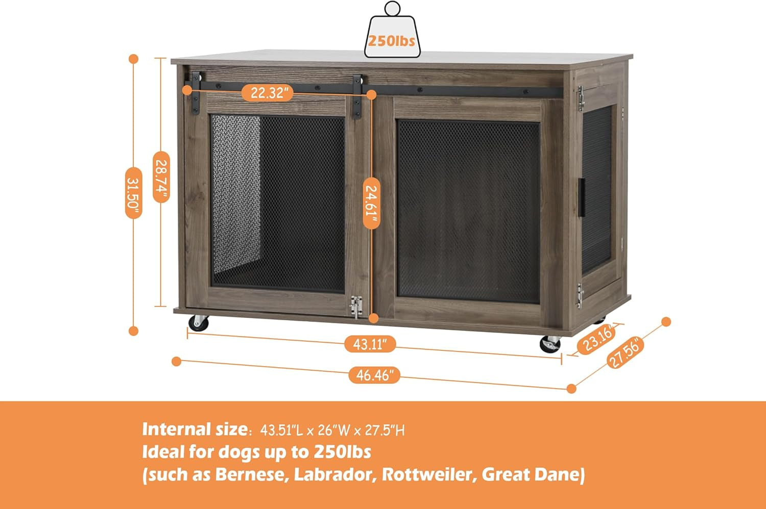47 Inch XL Dog Crate Furniture, Wooden Heavy Duty Dog Kennel Indoor, Decorative Dog Cage Table for Extra Large Dogs, with Sliding Doors, Wheels and Flip-Top Plate