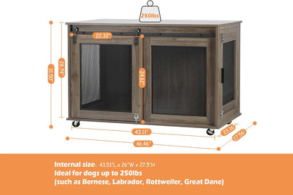 47 Inch XL Dog Crate Furniture, Wooden Heavy Duty Dog Kennel Indoor, Decorative Dog Cage Table for Extra Large Dogs, with Sliding Doors, Wheels and Flip-Top Plate