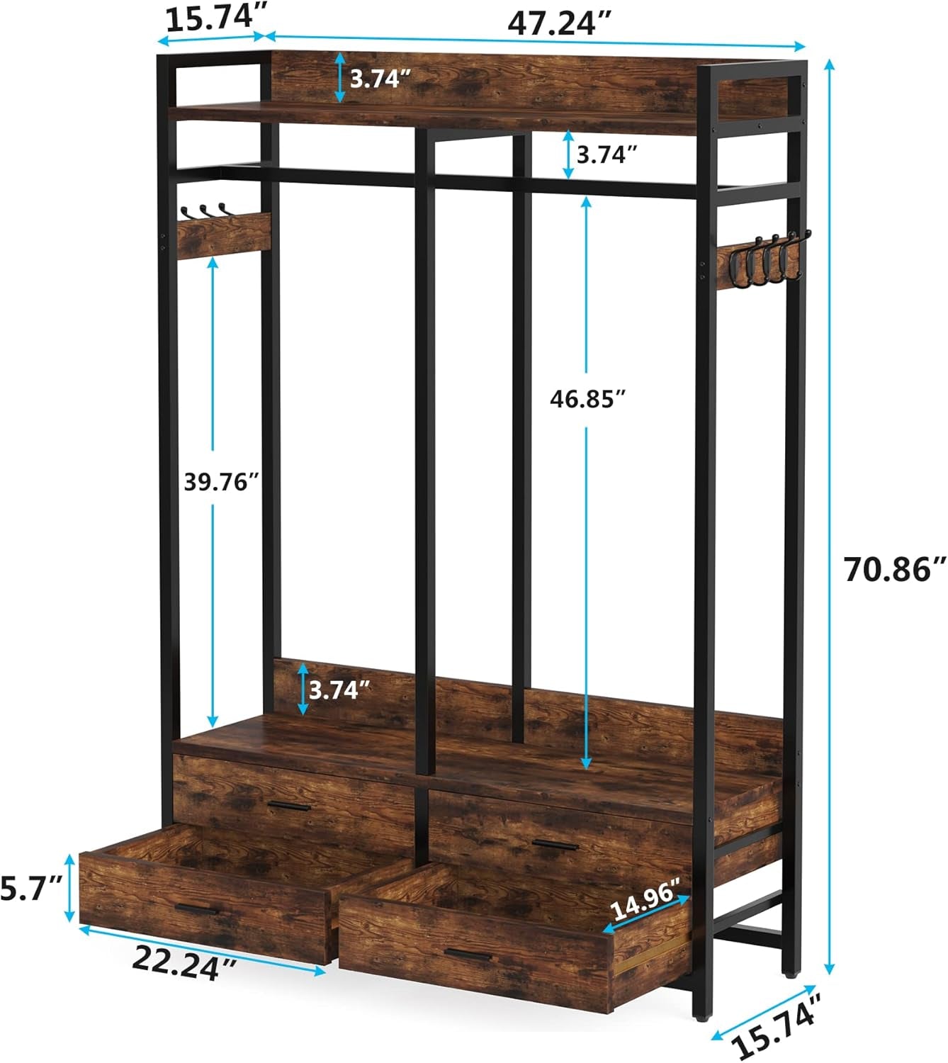 Freestanding Closet Organizer for Hanging Clothes, Heavy Duty Garment Rack with 4 Drawers, 8 Hooks and Storage Shelves, Wardrobe Closet Clothing Rack for Bedroom, Living Room, Rustic Brown