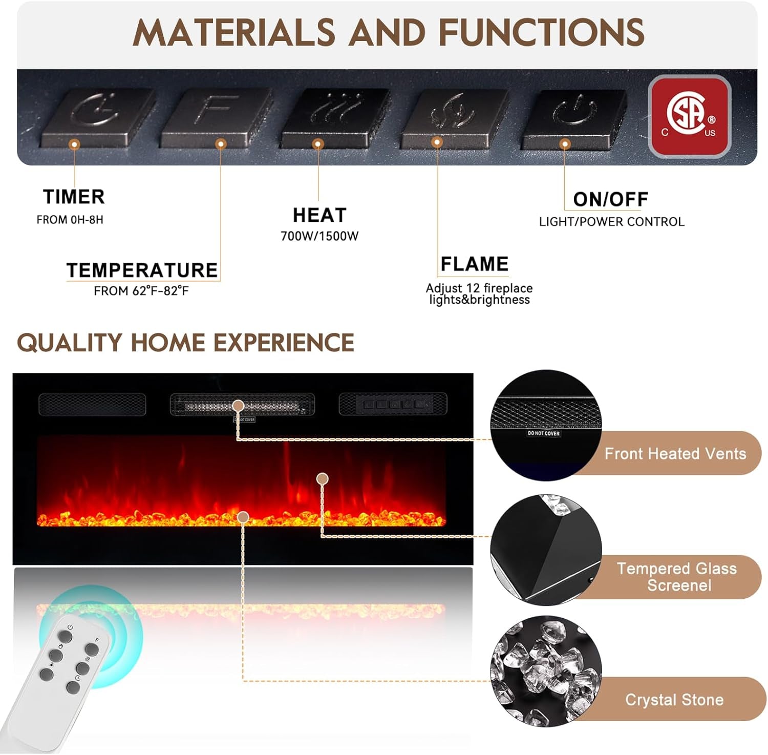70" TV Stand for Living Room, Modern Entertainment Center & Media Console, Fits Tvs up to 80", Storage Cabinet with Shelves, 36" Electric Fireplace with LED Flame (All Black)