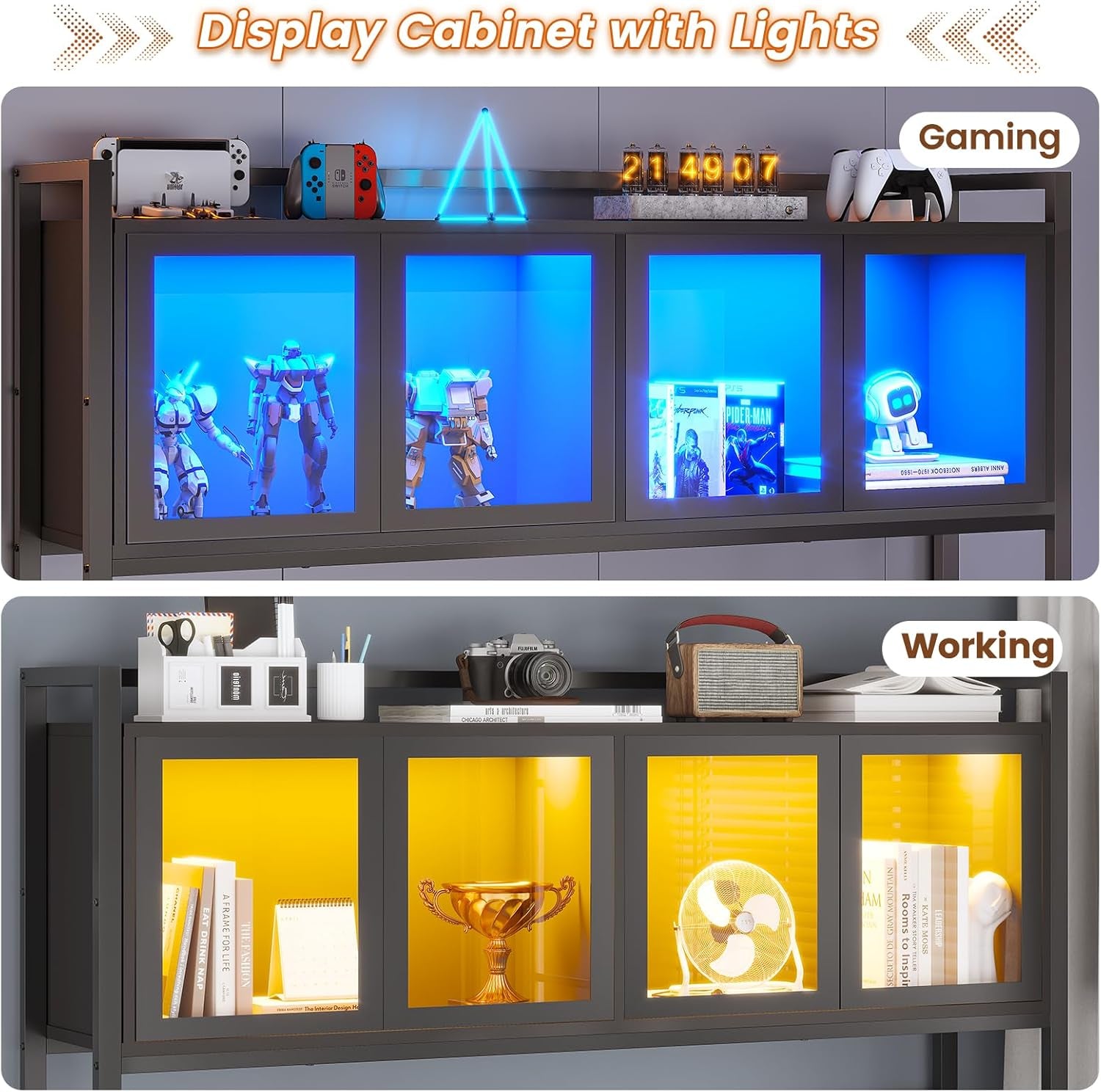 L Shaped Gaming Desk with Drawers, L Shaped Computer Desk with Hutch and Storage Shelves, Gaming Desk with Pegboard, Led Lights, and Power Outlet, Home Office Desk, Corner Desk, Black