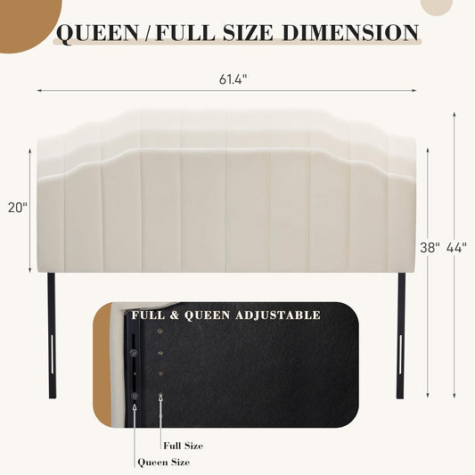 Upholstered Headboard Adjustable Height Queen/King Headboard Cream Velvet Tufted Modern Vertical Channel Design with Stepped Silhouette Top Edge(Beige Queen)