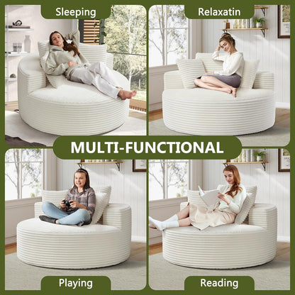 56''Oversized round Chair Lounge Chaise Indoor, Modern Upholstered Corduroy Cloud Circle Chair with Deep Seat, Comfy Fluffy Sleeper Sofa for Living Room Bedroom No Assembly Required (Beige)