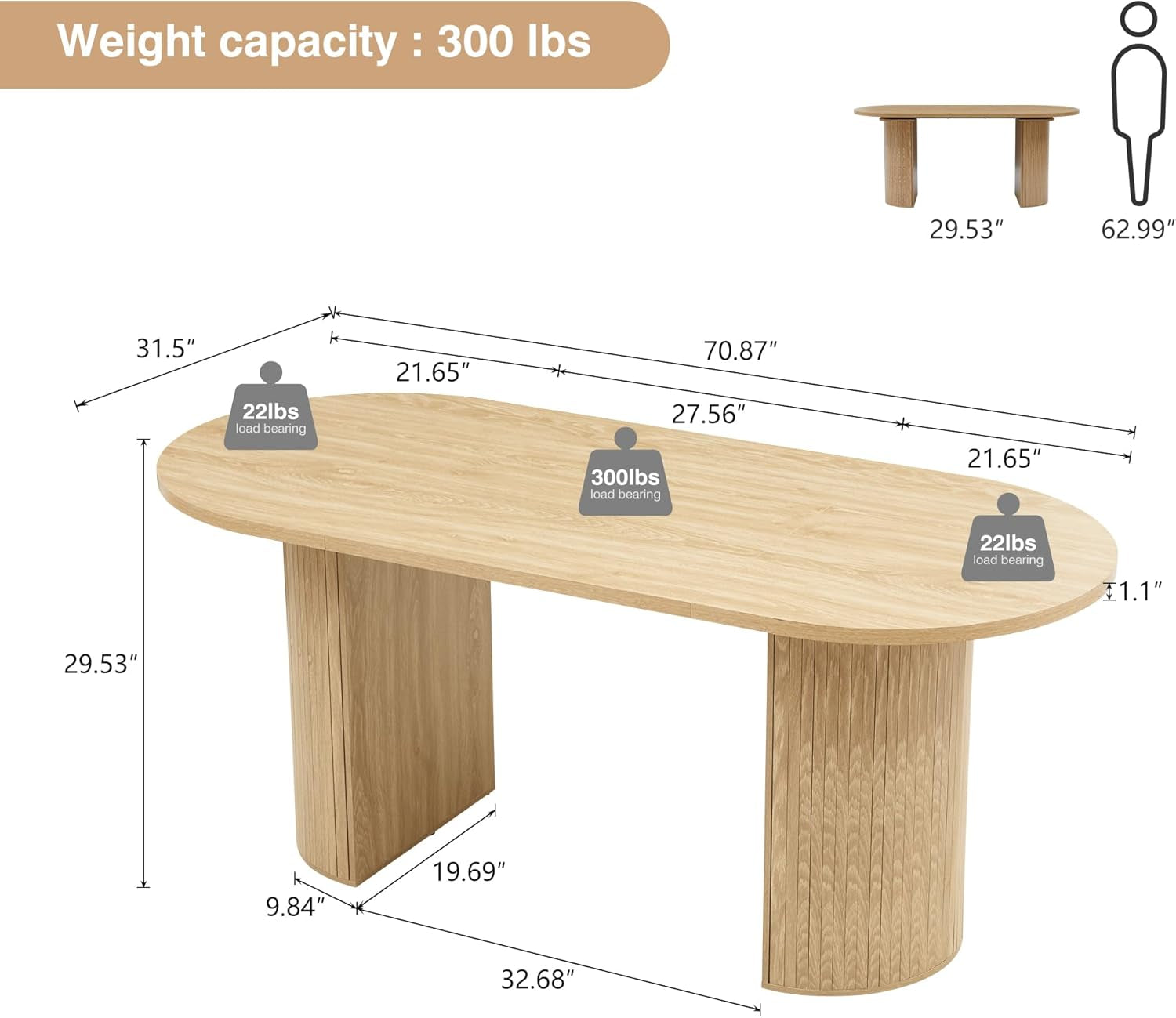 70.8 Inch Dining Table for 4-6 People, Oval Kitchen Table with Semi-Cylindrical Legs Base, Modern Farmhouse round Dinner Tables for Dining Room Kitchen Living Room (Natural)