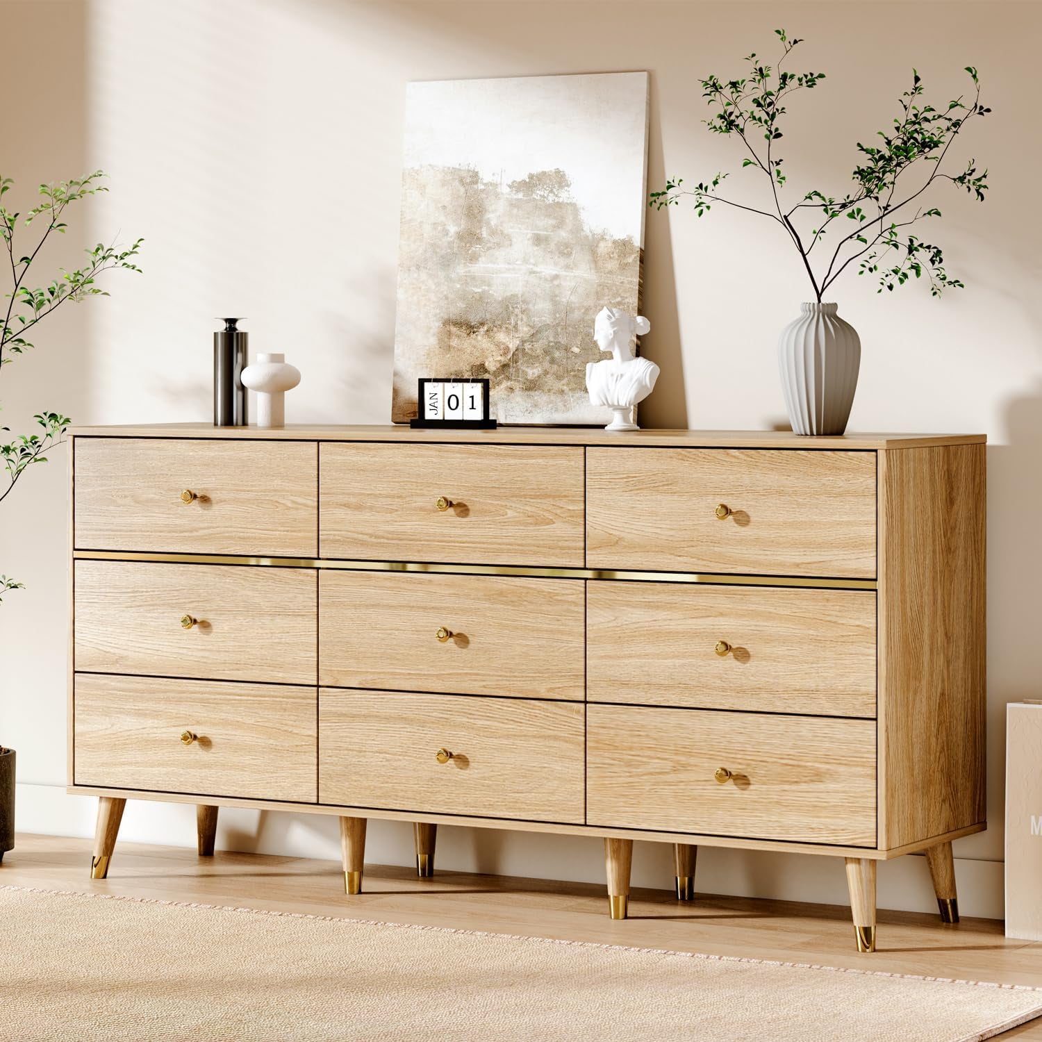 9 Drawer Dresser,63" Wide Mid Century Modern Chest of Drawers,Wooden Bedroom Drawer Dresser with 9 Storage Drawers for Bedroom, Living Room,With Anti-Tipping Device,Natural