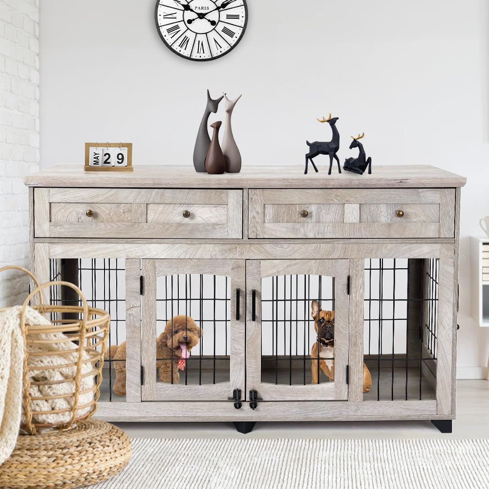 2 Rooms Dog Crate Furniture with Openable Partition,58" Wooden Dog Crate Table with 2 Drawers,5-Doors Dog Furniture,Indoor Dog Kennel,Dog House,Dog Cage,Tv Stand (Grey)