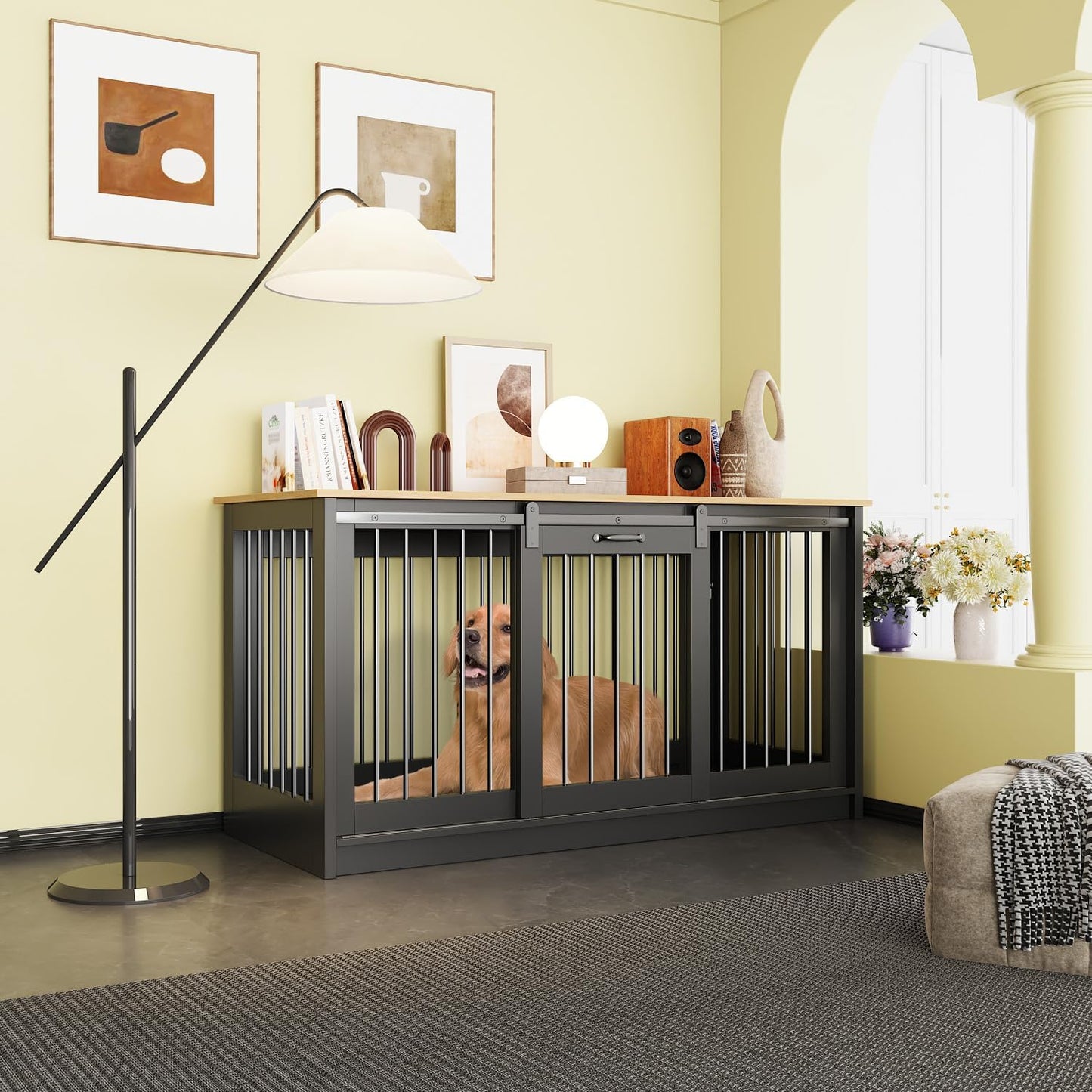 Extra Large Dog Crate Furniture, 55" Indoor Heavy Duty Dog Kennel House with Sliding Doors, Furniture Style Dog Crate Table Side End Table TV Stand for XL Large Medium Breed Dogs,Black