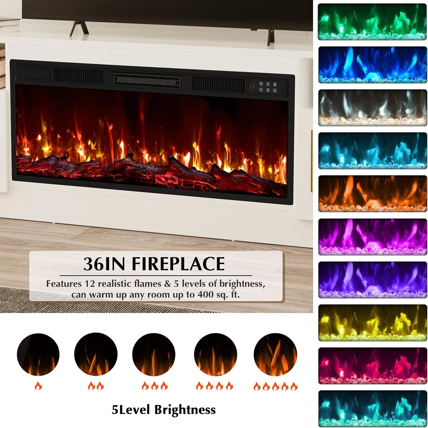 Fireplace Tv Stand with 36 Inch Fireplace up to 80" Tvs,Led Light Entertainment Center and Storage, 70" Modern Wood Media TV Console with Highlight Cabinet for Living Room (White)