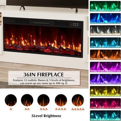 Fireplace Tv Stand with 36 Inch Fireplace up to 80" Tvs,Led Light Entertainment Center and Storage, 70" Modern Wood Media TV Console with Highlight Cabinet for Living Room (White)