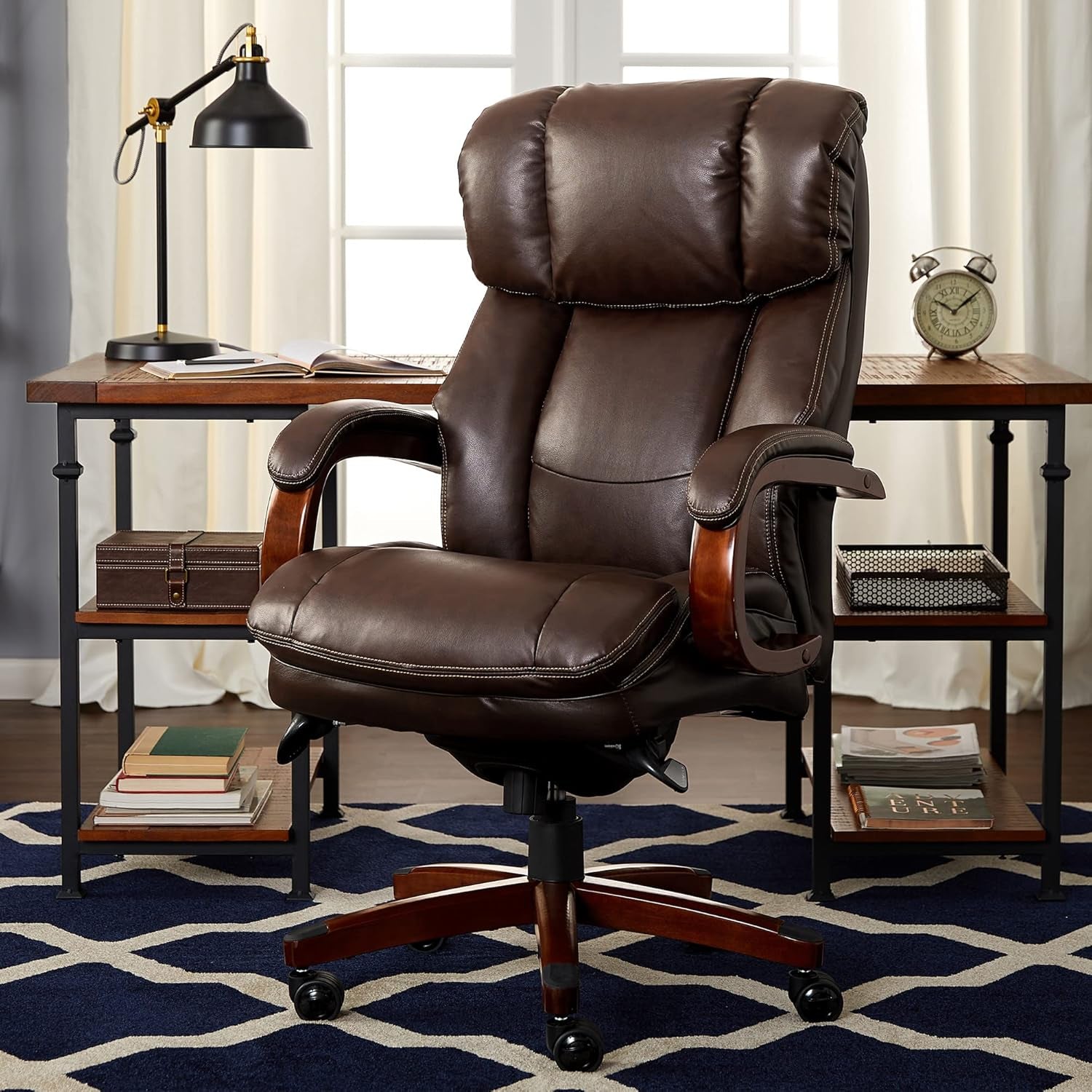 ® Fairmont Big and Tall Executive Office Chair with Memory Foam Cushions, High-Back Swivel Desk Chair with Wood Arms and Base, Bonded Leather, Brown
