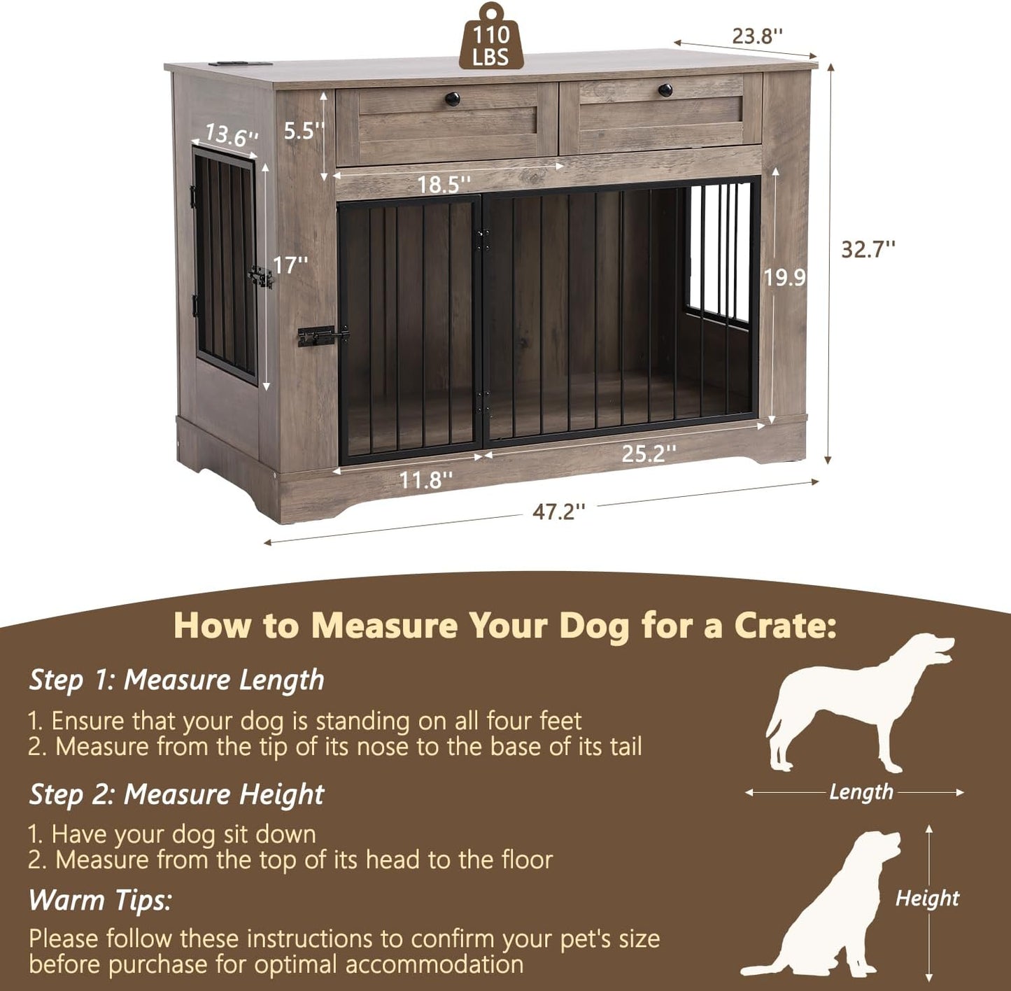 Large Dog Crate Furniture-Decorative Heavy Duty Dog Cage Indoor, Wooden Dog Cage End Table with Charging Station, Dog House with 2 Drawers (Gray, 47.2''L)