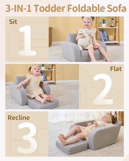 3-In-1 Toddler Couch, Toddler Chairs Comfy 1-3 Years Old, Kids Couch Bed Fold Out, Gifts for 1 2 Year Old Girls Boys