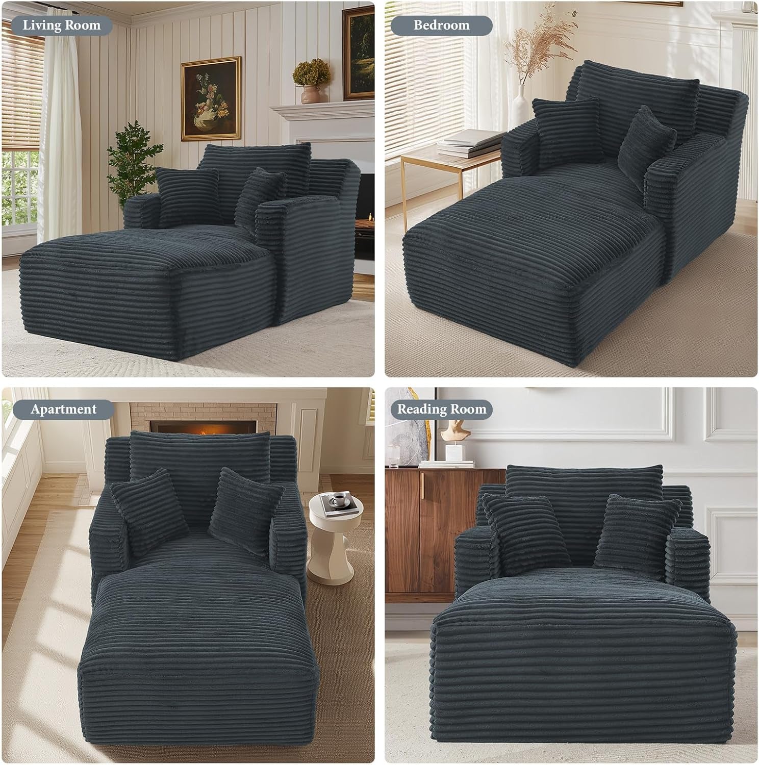 78.7" Chaise Lounge Chair Indoor, Oversized Boneless Couch Comfy Upholstered Sleeper Sofa Bed with 3 Pillows, Corduroy Cloud Reading Chair for Living Room No Assembly Required, Dark Grey