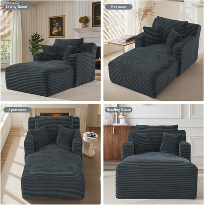 78.7" Chaise Lounge Chair Indoor, Oversized Boneless Couch Comfy Upholstered Sleeper Sofa Bed with 3 Pillows, Corduroy Cloud Reading Chair for Living Room No Assembly Required, White