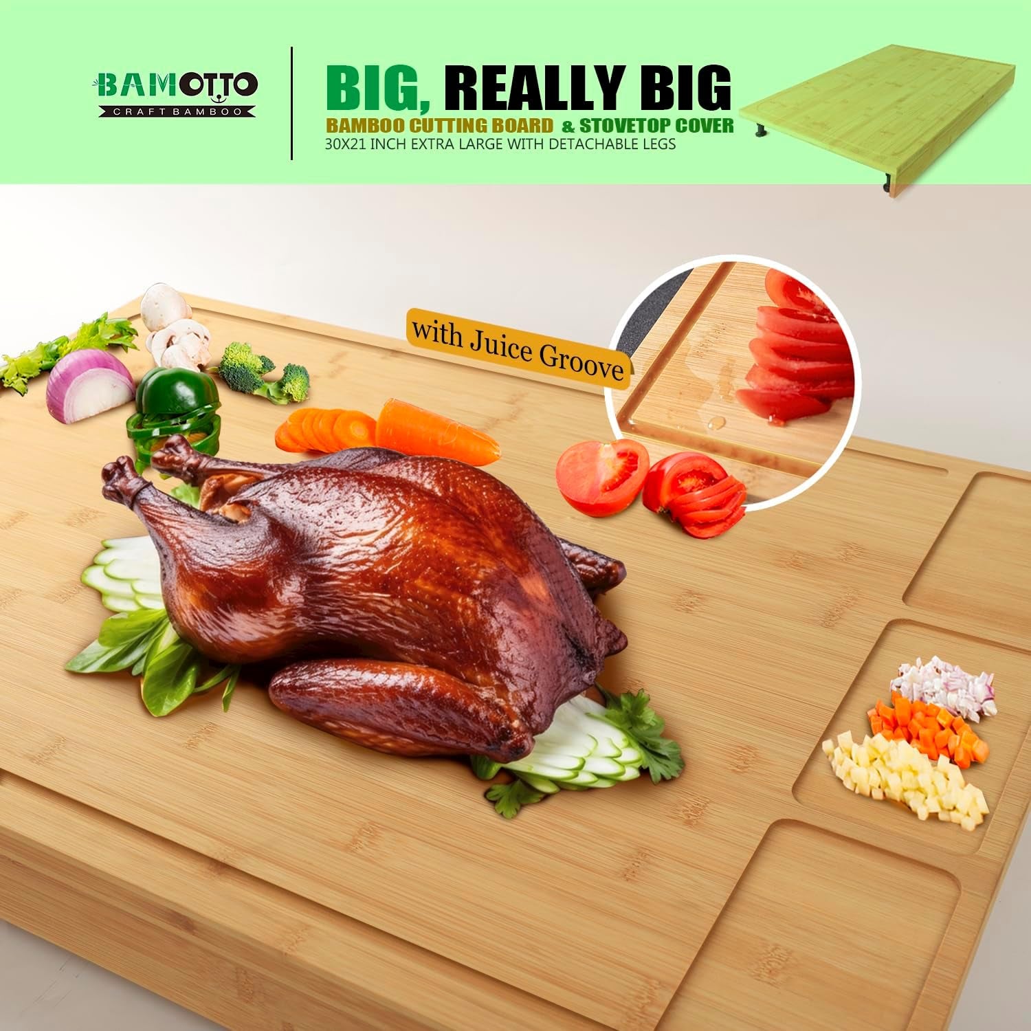 30 X 21 in Extra Large Bamboo Cutting Board and Stovetop Cover, Stove Top Cover Chopping Board with Detachable Legs and Juice Groove, Sink Cover Board, for Restaurant Kitchen Countertop