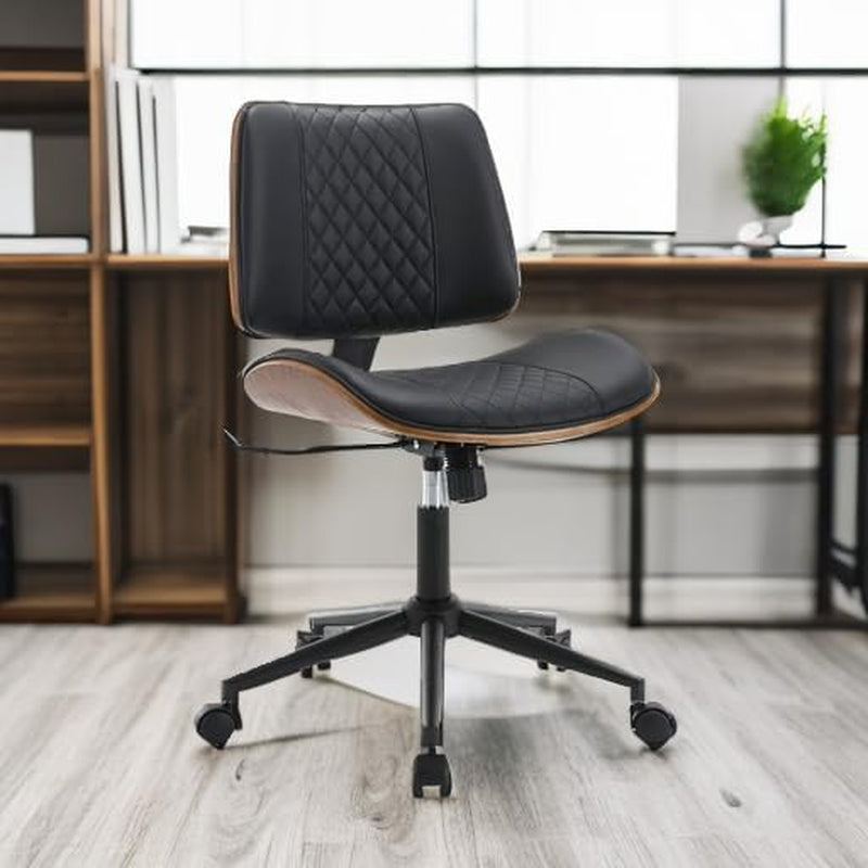 BV Small Desk Chair, Mid Century Office Chair with Bentwood Back, Armless Task Swivel Chair with Wheels, Mid Back No Arms, Faux Leather Office Chairs for Small Space, Black
