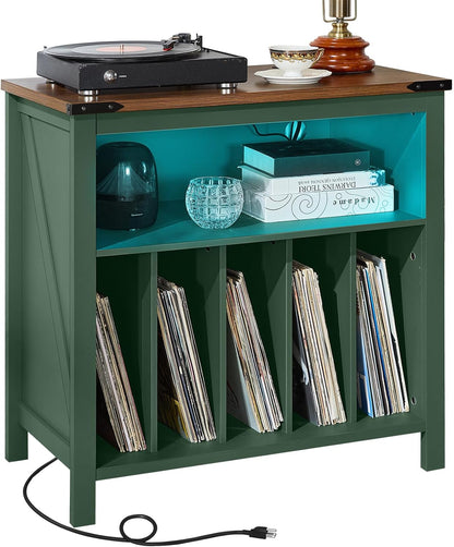 Large Record Player Stand with Charging Station & LED Lights, Black Vinyl Record Storage Holder Holds up to 230 Albums, Turntable Stand with Display Shelf for Music Room Bedroom Living Room.