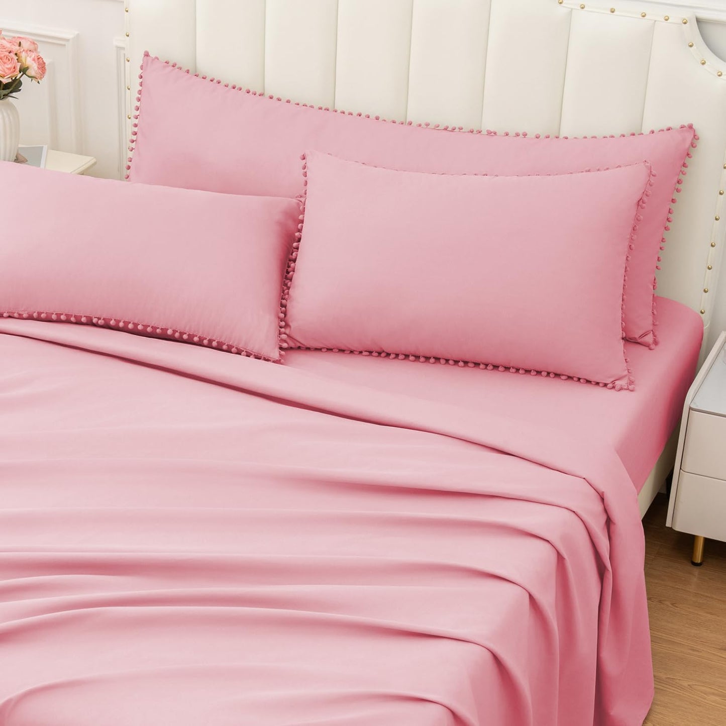 Pom Poms Pillow Shams King Size Set of 2, Pink Decorative Pillowcases with Envelope Closure, Soft Microfiber Shams Cover with Pom Pom Trim, Wrinkle Resistant (20 X 36 Inches)
