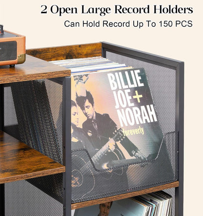 Large Record Player Stand Table with Vinyl Record Holder up to 150PCS, AV Media Stand Stereo Cabinet Shelf Rack Tower with Storage, Sturdy, Adjustable Feet, Rustic, Large Capacity