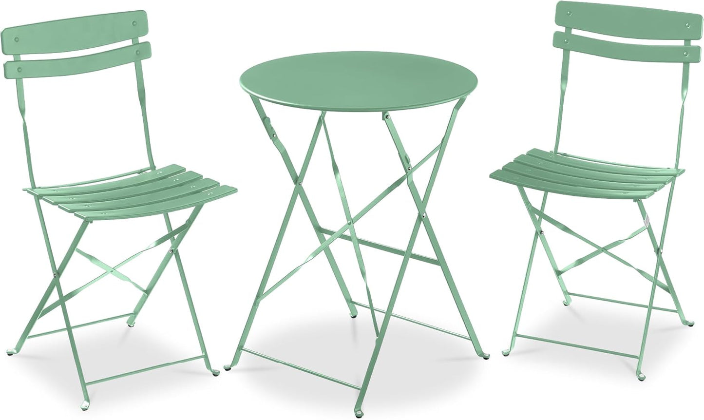 3-Piece Bistro Set, Space Saving Folding Design, Solid Steel, Outdoor Patio Furniture Set W/ 2 Chairs, Bistro Table - Sage