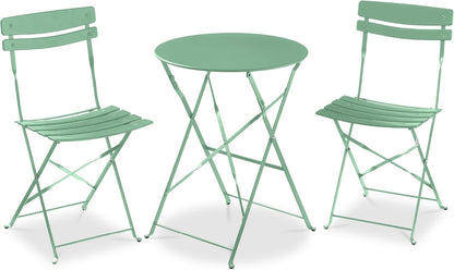 3-Piece Bistro Set, Space Saving Folding Design, Solid Steel, Outdoor Patio Furniture Set W/ 2 Chairs, Bistro Table - Sage