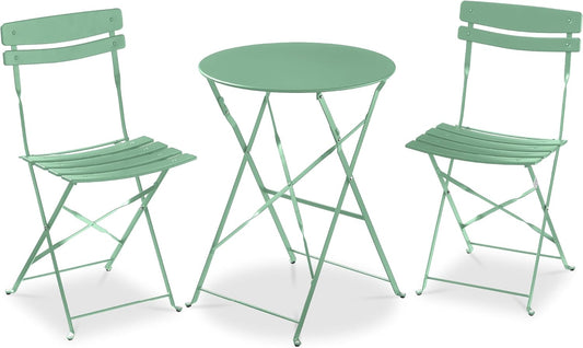 3-Piece Bistro Set, Space Saving Folding Design, Solid Steel, Outdoor Patio Furniture Set W/ 2 Chairs, Bistro Table - Sage