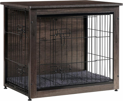 Dog Crate Furniture with Cushion, Wooden Kennel Table with Double Doors, Indoor Dog House, Large Size, 38.5" L, Dark Gray