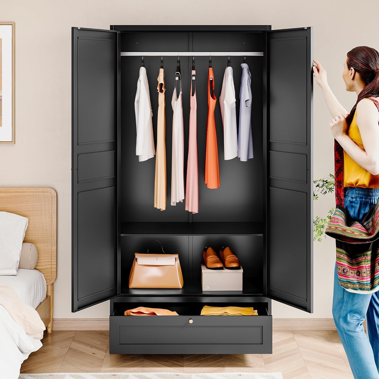 Metal Armoire Wardrobe Closet with 2 Doors 72'' Wardrobe Cabinet with Drawers and Hanging Rail Metal Closet with Adjustable Shelves for Bedroom. (Black, with 1Drawer)