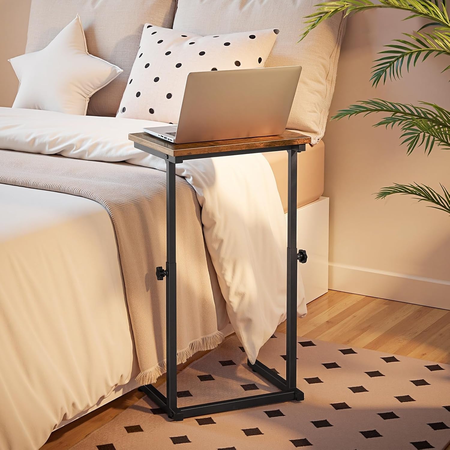 C Shaped End Table, Adjustable Height Side Table for Sofa, Couch Table for Small Space, Slide under Small Tray Side Table for Living Room, Bedroom, Rustic Brown and Black BF71SF01