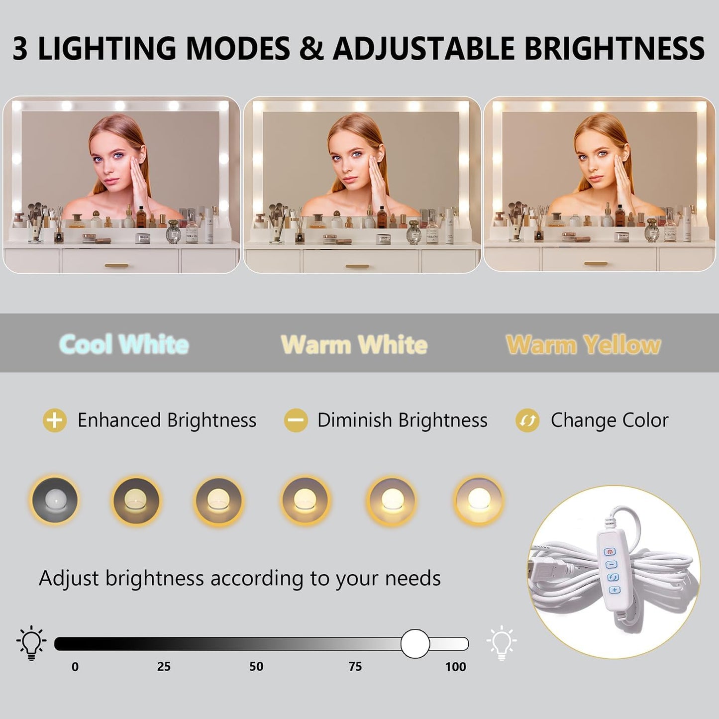 Vanity Desk with 38" Large Mirror and 9 LED Lights & Glass Top and Power Outlet, Adults Makeup Vanity with Chair and 7 Storage Drawers, Dressing Table Set for Bedroom, Modern White