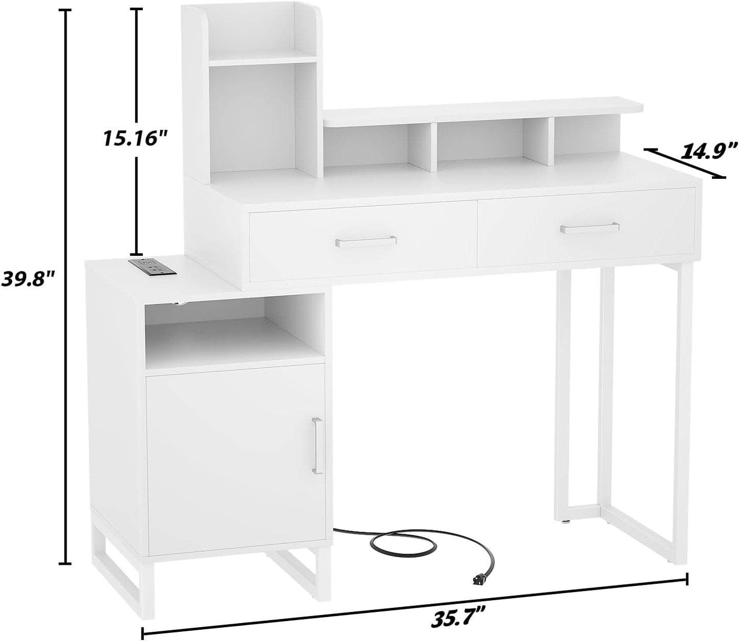 Vanity Desk, Small Vanity Desk with Power Outlet, Makeup Desk with Drawers and Cabinets, Vanity Set with Storage Shelves for Bedroom, No Mirror, White