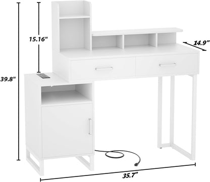 Vanity Desk, Small Vanity Desk with Power Outlet, Makeup Desk with Drawers and Cabinets, Vanity Set with Storage Shelves for Bedroom, No Mirror, White