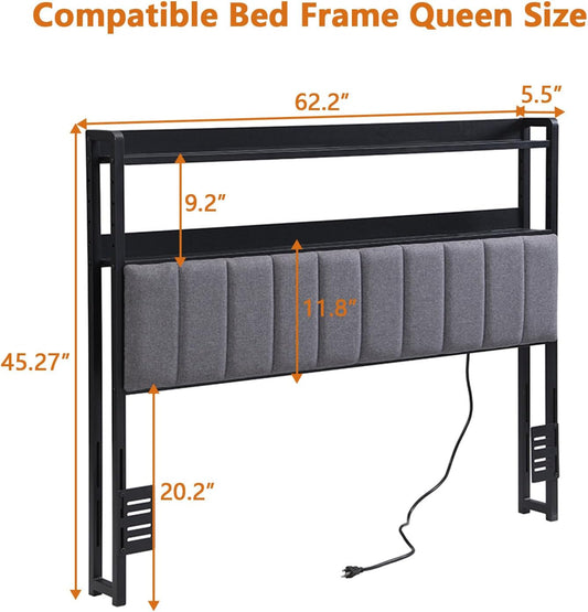 Headboard for Queen Size Bed with Storage and 60,000 DIY Color of LED Light for Different Bed Frames, Head Board with USB & Type C Port, Height Adjustable, Easy Assembly (Queen)