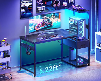48 Inch Gaming Desk with Storage & LED Lights, Reversible Computer Desk with Display Shelves & Fabric Drawer, Modern Gamer Desk Table with Side Headphone Hook, Carbon Fiber Black