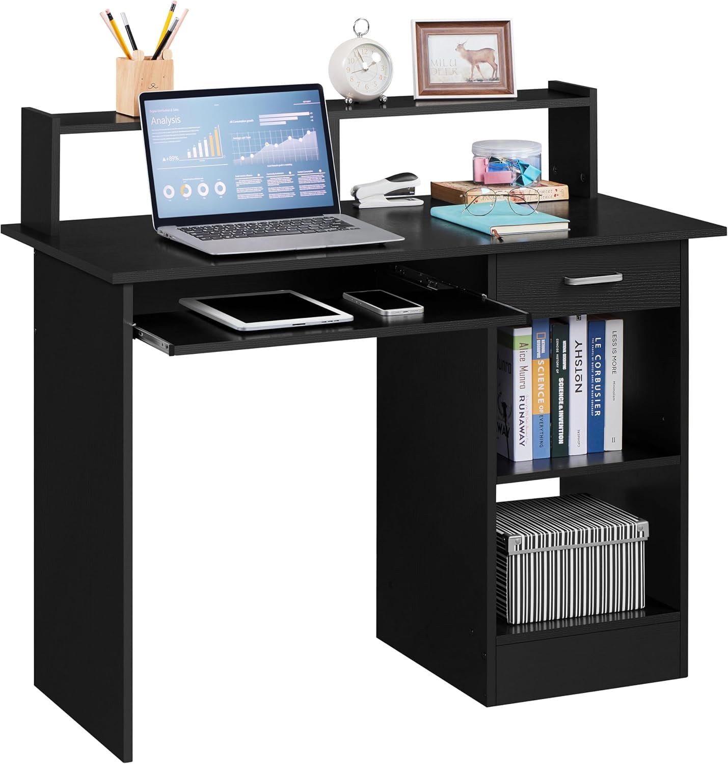 Home Office Wood Computer Desk with Drawers and Pull-Out Keyboard Tray, Study Writing Desk PC Laptop Table with Hutch and Storage Shelves, Modern Workstation, Black