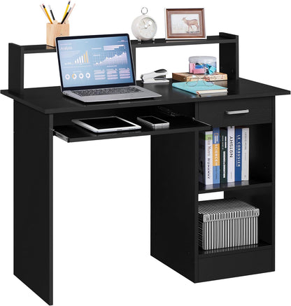 Home Office Wood Computer Desk with Drawers and Pull-Out Keyboard Tray, Study Writing Desk PC Laptop Table with Hutch and Storage Shelves, Modern Workstation, Black