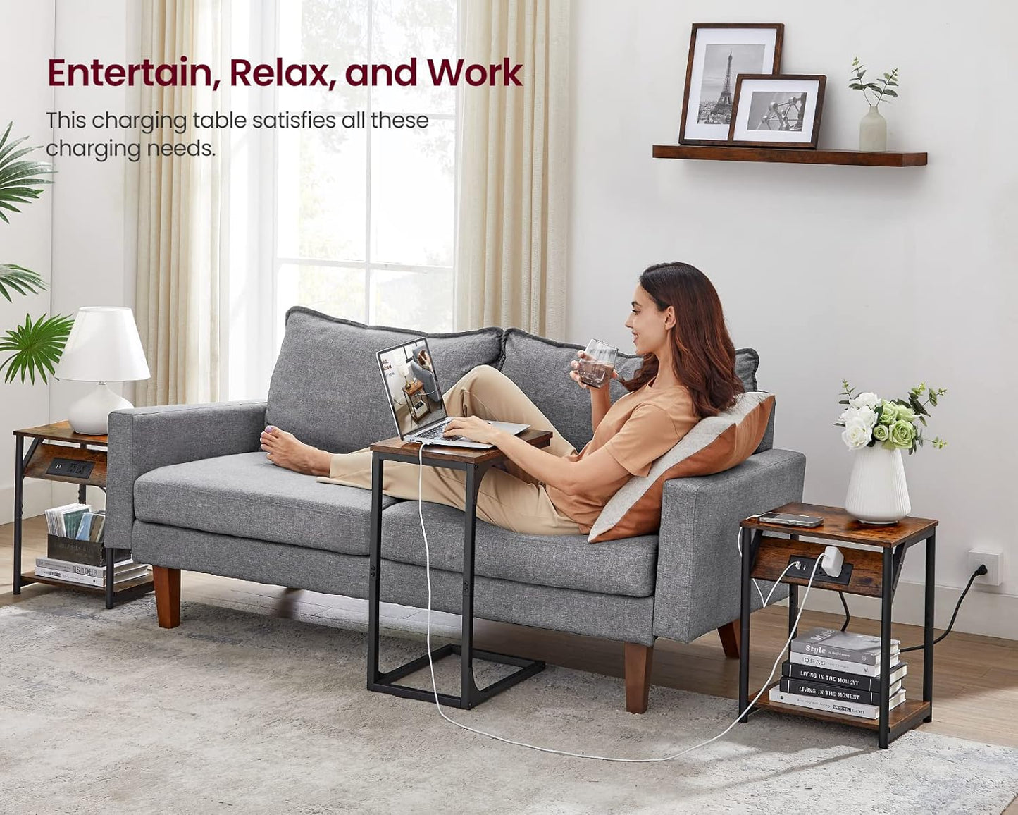 End Table with Charging Station, Set of 2, Small Side Tables for Living Room, Bedroom, Nightstand with Outlets and USB Ports, Bedside Table with Storage Shelf, Misty Gray and Black