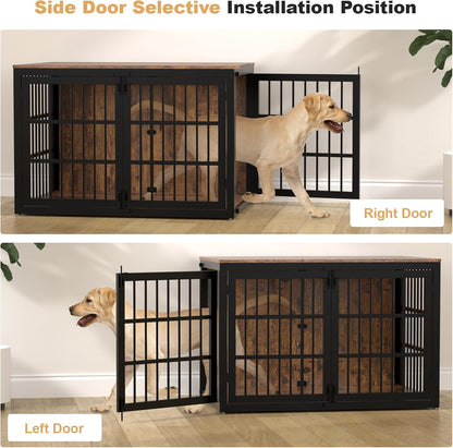 48" Heavy Duty Dog Crate Furniture, Wooden Dog Cage Kennel for Lrage and Extra Large Dogs, Dog Kennel Indoor with Side Door, Decorative Pet House End Table, Brown